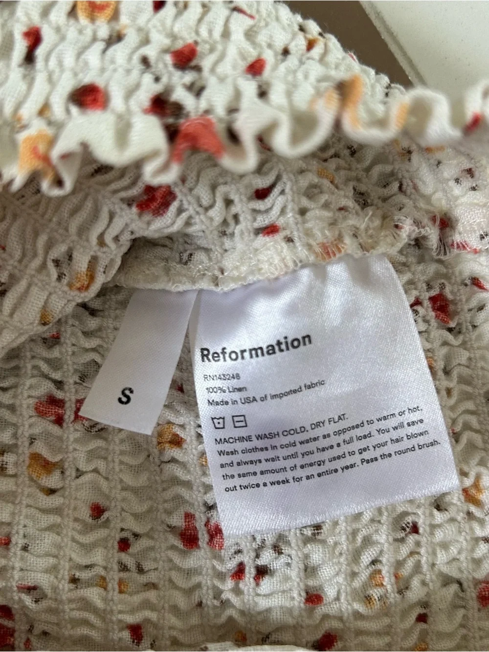 Reformation Clementine Floral Smocked Linen Top Puff Sleeve S